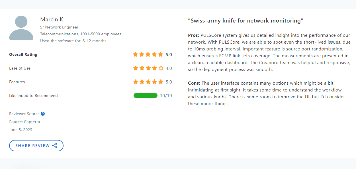 PULScore centralized network management system review on Capterra